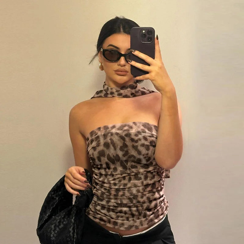 Women Tulle Leopard Print Top