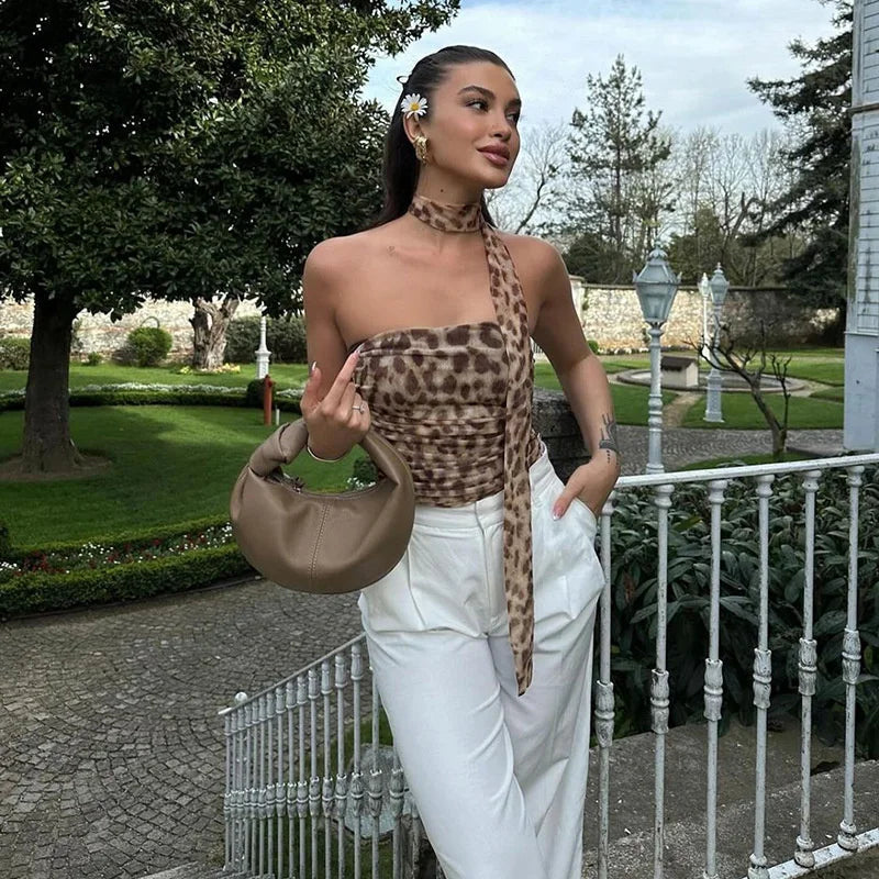 Women Tulle Leopard Print Top