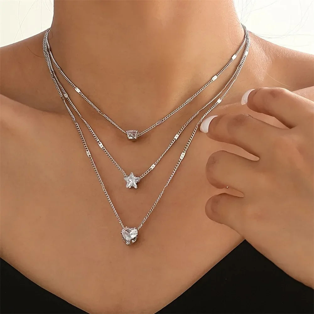 3Pcs/Set Vintage Shiny Rhinestone Necklace