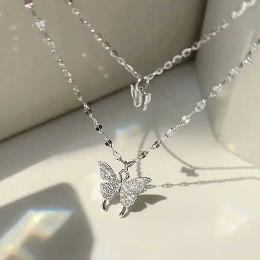 Lats Sparkling Double Layer Butterfly Necklace